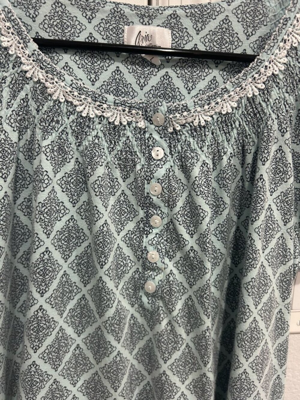 Aria Collection Large Blue Diamond Print Nightgown Lace Trim Cozycore Hygge - Picture 4 of 11